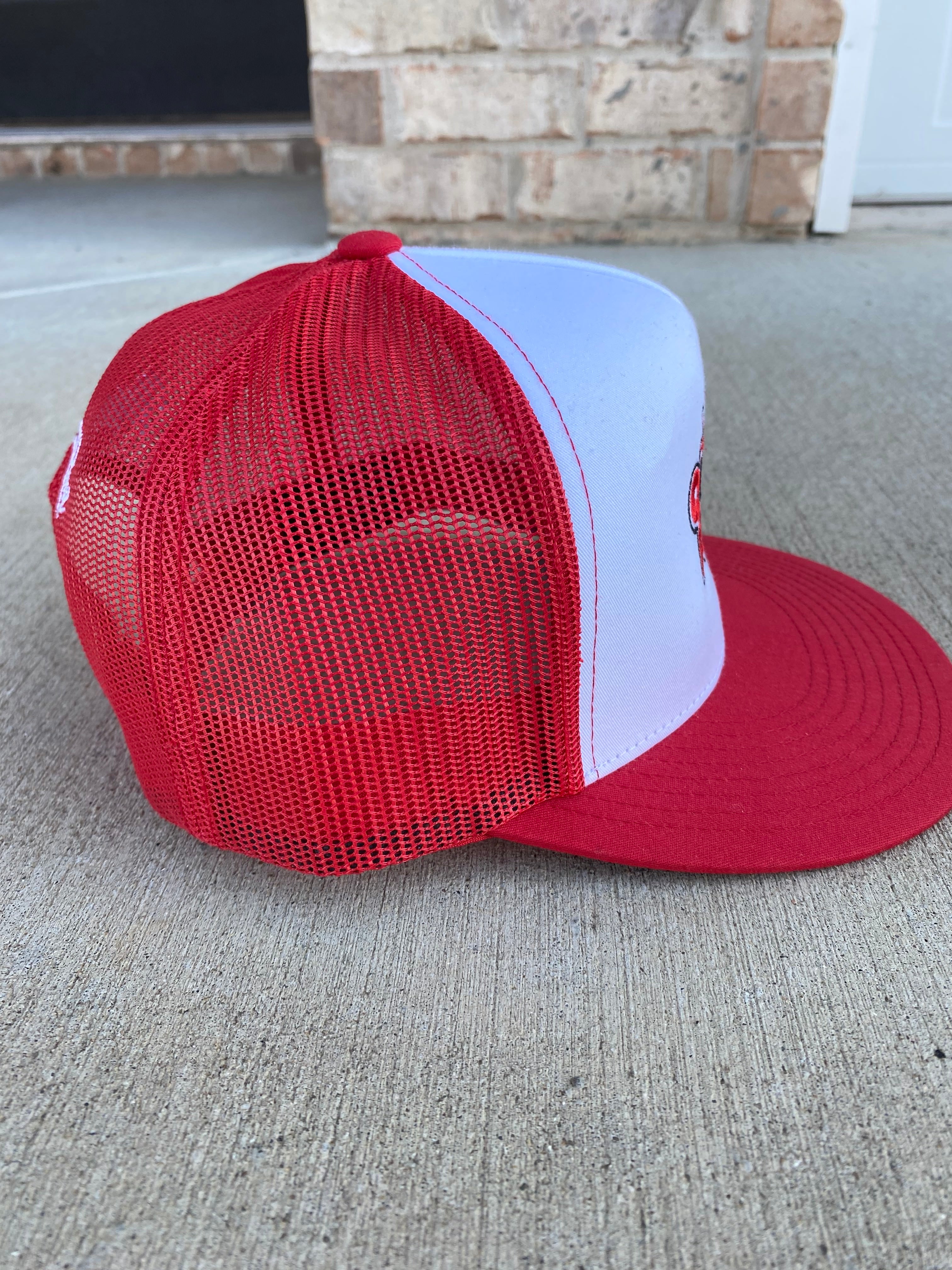 CUSTOM EMBROIDERED HAT — Crimson Red / White Mesh Trucker